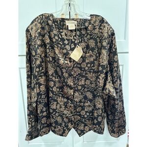 Vintage Christie & Jill Blouse‎ 34W Black Gold Floral Button Front Top